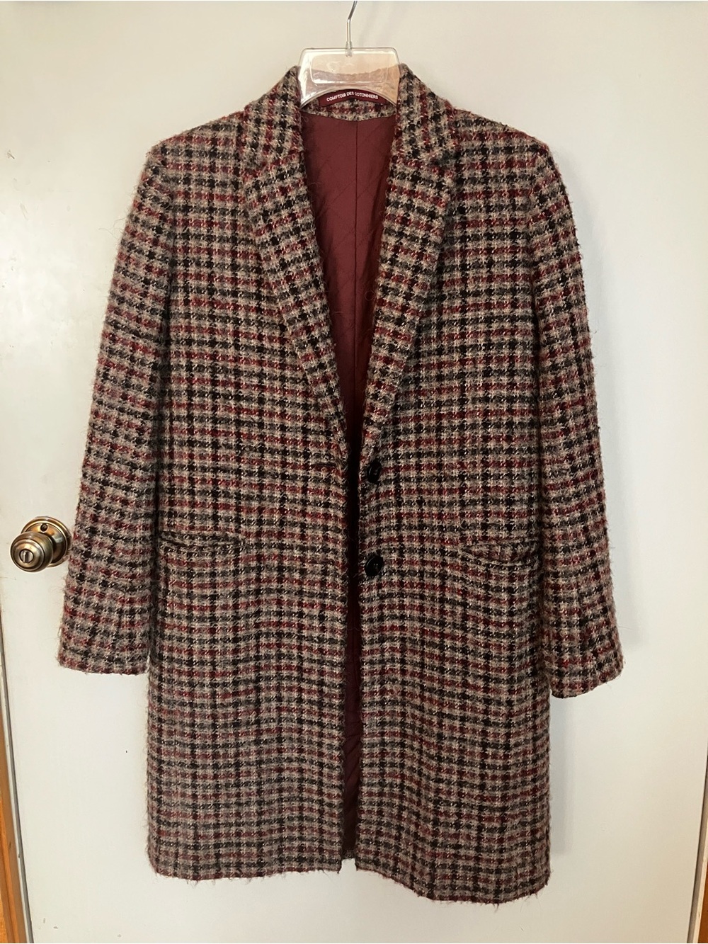 Comptoir Des Cotonniers Checked Pea Coat in Burgundy and Brown